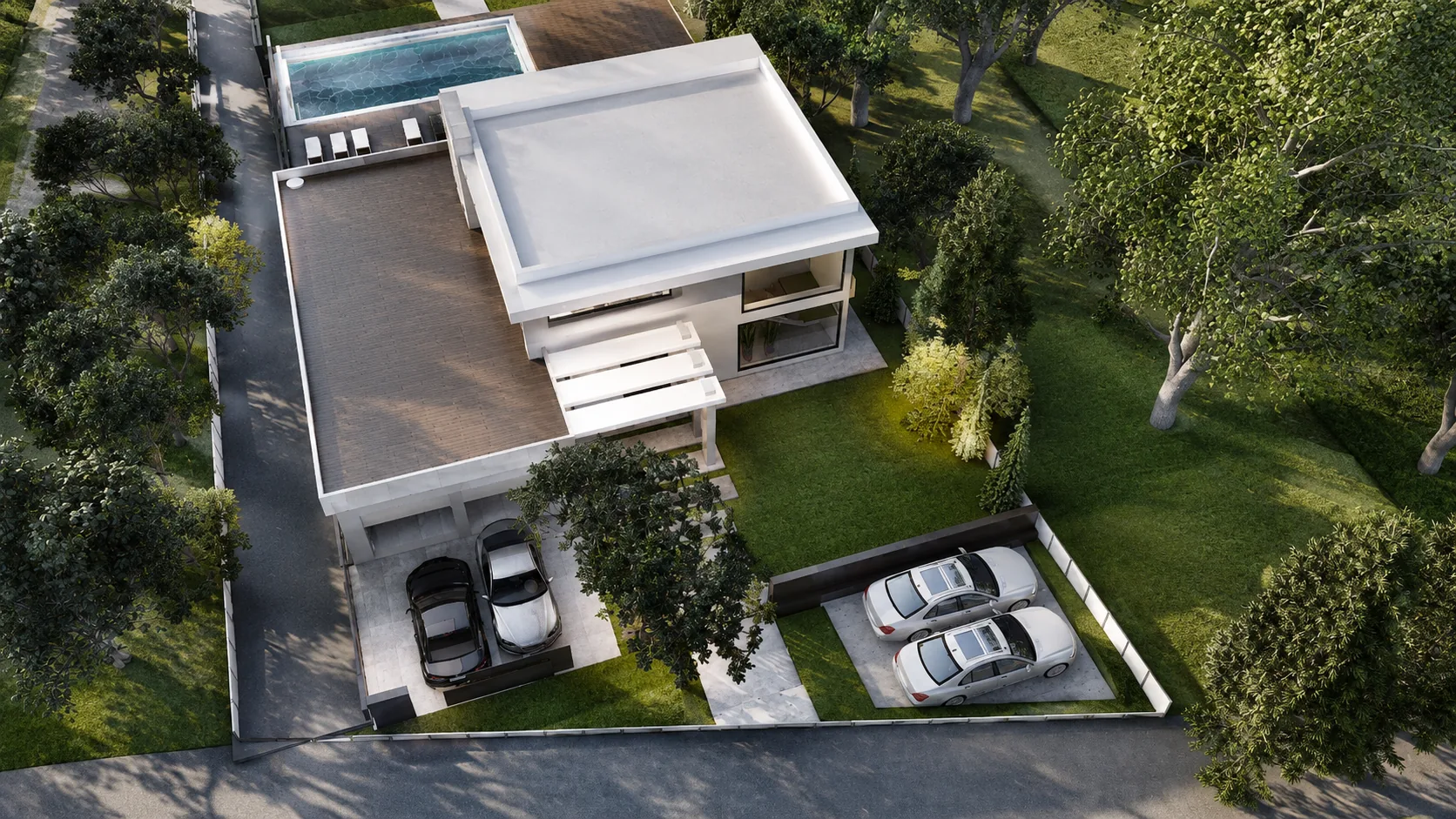 Vila Kaskada — 3D prikaz iz vazduha sa ravnim krovom, garažom i bazenom
